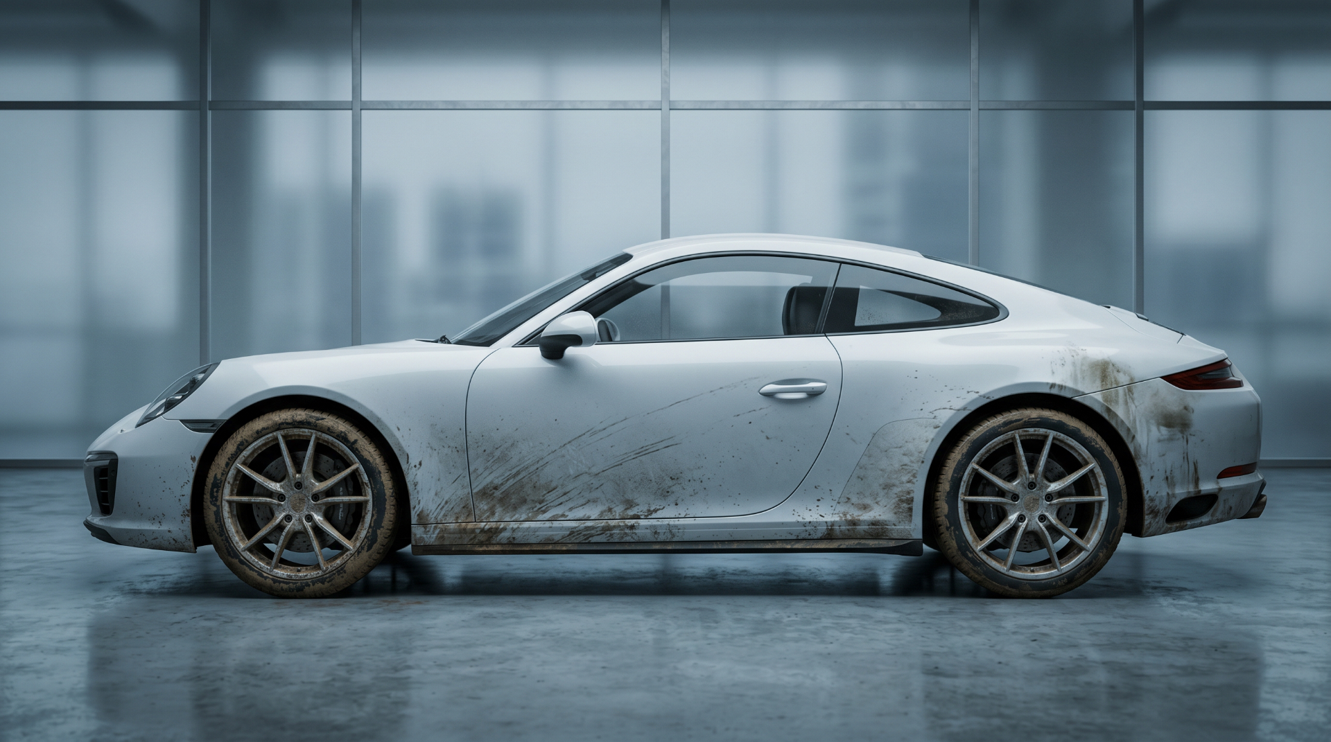 Porsche blanco sucio antes del detallado